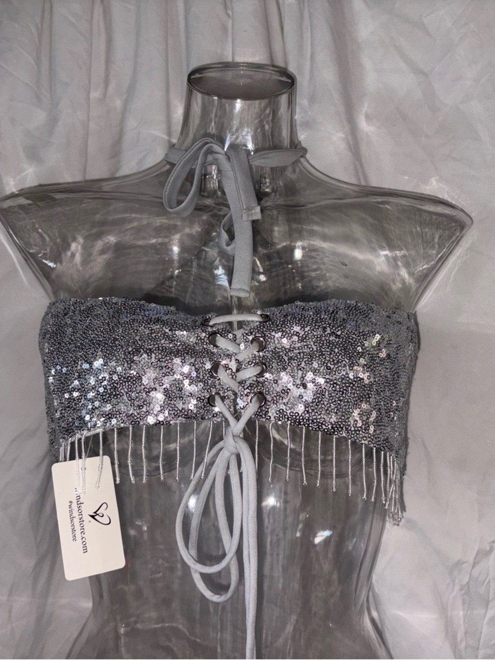 Windsor Silver Sequin Fringe Halter Scarf Top Size Small NWT Festival Y2K